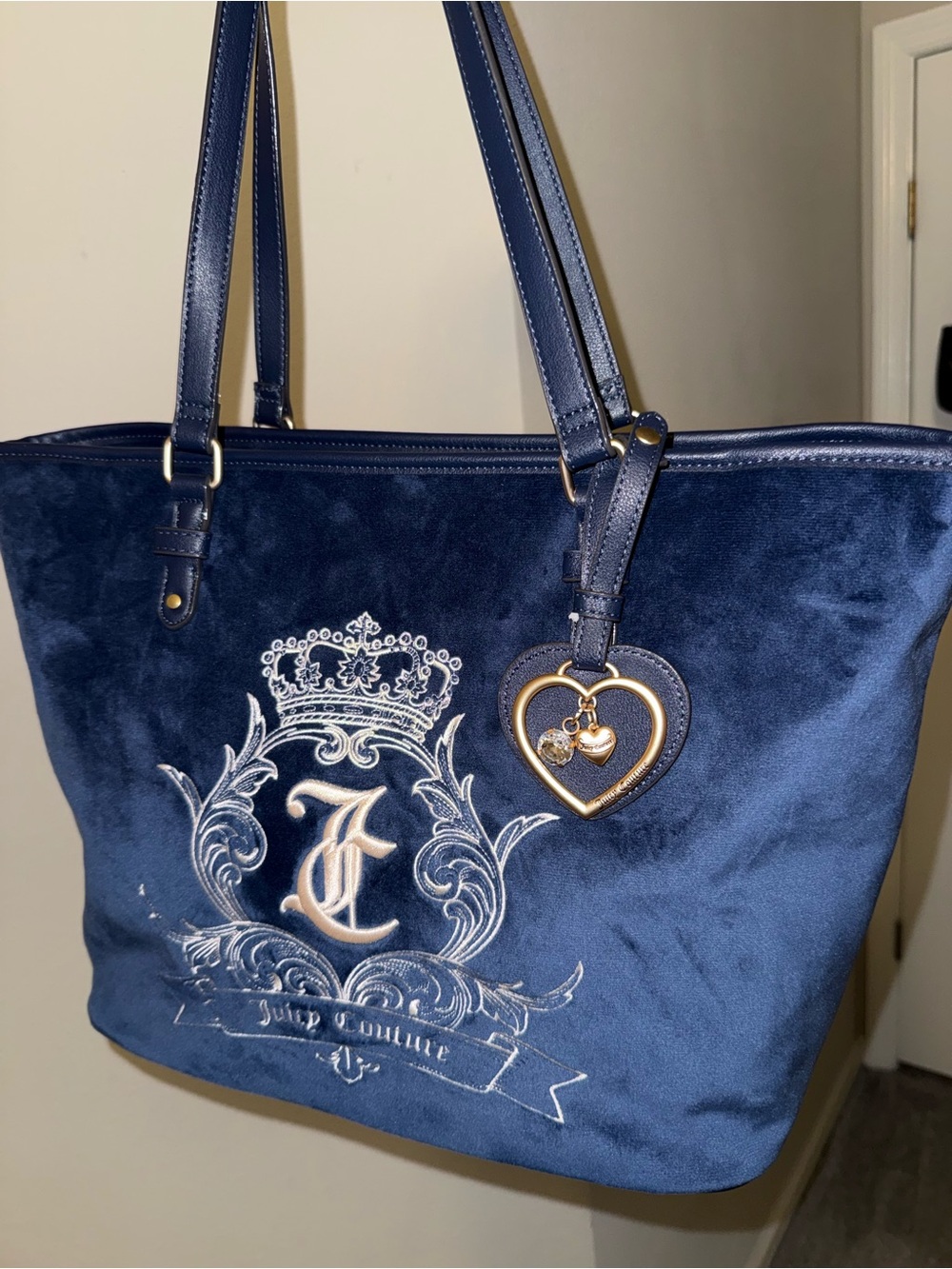 Juicy Couture Navy Velvet Tote with Gold Heart Charm